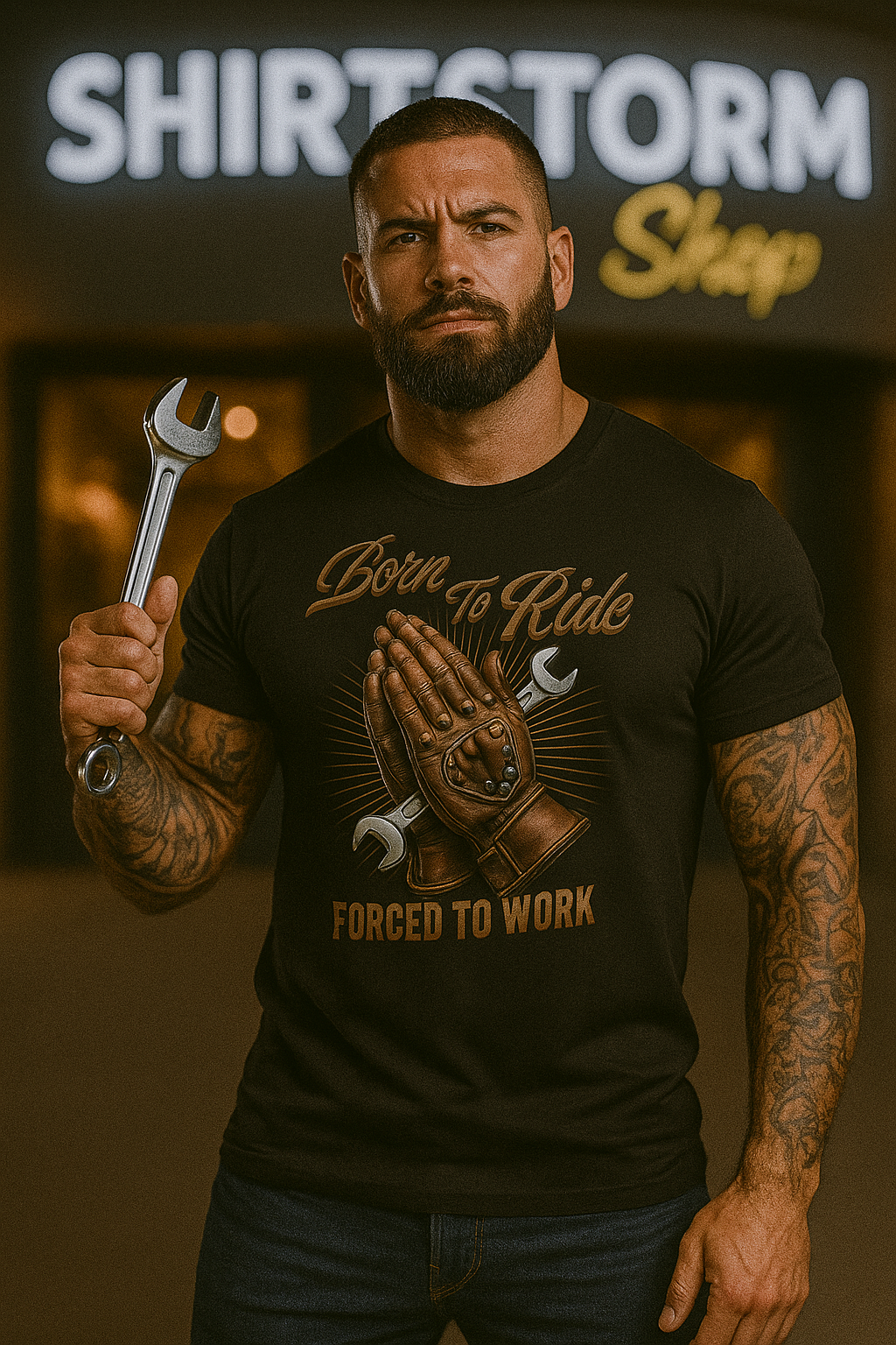 T-Shirt Biker, Harley, Born to Ride mit Aufdruck "Born to Ride - Forced to work"